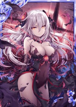 1girl akkijin aura black_dress breasts calamity_(shinkai_no_valkyrie) card_(medium) dress hair_ornament hell large_breasts leotard long_hair looking_at_viewer official_art orange_eyes serious shinkai_no_valkyrie silver_hair thighhighs torn_clothes