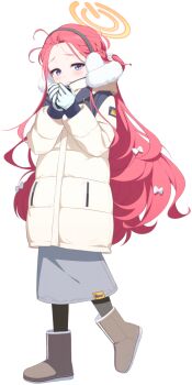 1girl 3: black_pantyhose blue_archive blue_eyes blush boots bow braid brown_boots closed_mouth coat drawstring earmuffs female_focus forehead full_body fur-trimmed_coat fur-trimmed_hood fur_boots fur_trim game_asset gloves grey_skirt hair_bow half-closed_eyes half_up_braid halo hands_up hood hood_down hooded_coat large_variant_set leg_up long_skirt long_sleeves looking_at_viewer messy_hair multiple_hair_bows official_art one_side_up orange_halo own_hands_together pantyhose pocket power_symbol simple_background skirt solo standing standing_on_one_leg tachi-e third-party_source transparent_background two-sided_gloves ugg_boots variant_set white_bow white_coat white_gloves winter_clothes winter_coat yutokamizu yuzu_(blue_archive) yuzu_(winter)_(blue_archive)