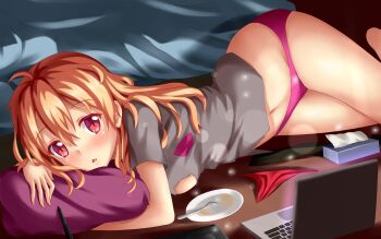 1girl artist_self-insert computer female_focus highres light_brown_hair no_pants nottytiffy original panties pink_panties red_eyes shirt solo stylus t-shirt tiffy_(nottytiffy) underwear