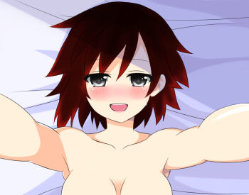 1girl afterglow alternate_breast_size blush breasts female_focus grey_eyes looking_at_viewer out-of-frame_censoring outstretched_arms red_hair ruby_rose rwby shikniful short_hair smile solo tears topless_female