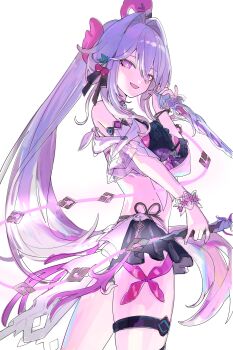 1girl absurdres bikini black_bikini breasts commentary_request dagger from_side hair_intakes hair_ornament highres holding holding_dagger holding_knife holding_weapon honkai_(series) honkai_impact_3rd knife long_hair looking_at_viewer medium_breasts official_alternate_costume purple_eyes roena scrunchie simple_background smile swimsuit thelema_nutriscu thelema_nutriscu_(roseate_summer) thigh_strap thighs very_long_hair weapon white_background white_hair wrist_scrunchie