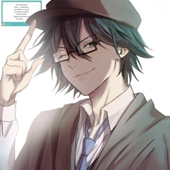 Rule 34 | 1boy, black-framed eyewear, black hair, brown cape, brown capelet, brown hat, bungou stray dogs, cape, capelet, closed mouth, collared shirt, commentary request, edogawa ranpo (bungou stray dogs), green eyes, hair between eyes, hat, korean commentary, male focus, necktie, one eye closed, pigon, purple necktie, rectangular eyewear, request inset, semi-rimless eyewear, shirt, short hair, simple background, solo, under-rim eyewear, white background, white shirt