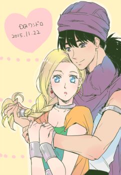 Rule 34 | 1boy, 1girl, armlet, bianca (dq5), black hair, blonde hair, blue eyes, bracelet, braid, cape, cloak, closed mouth, collarbone, commentary request, couple, dated, dragon quest, dragon quest v, dress, earrings, front-to-back, green dress, hand in another's hair, heads together, heart, height difference, hero (dq5), hetero, hug, hug from behind, jewelry, long hair, low ponytail, neck ring, nidou (rechlo), open mouth, orange cape, ponytail, purple cape, purple cloak, purple tabard, ring, single braid, smile, tabard, upper body
