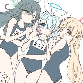 3girls absurdres arona_(blue_archive) ass blonde_hair blue_archive blue_eyes blue_hair blue_one-piece_swimsuit blush braid breasts closed_mouth green_eyes hair_between_eyes hair_over_one_eye hairband halo highres long_hair looking_at_viewer medium_breasts minori_(blue_archive) multicolored_hair multiple_girls name_tag nodoka_(blue_archive) one-piece_swimsuit open_mouth pink_hair red_eyes school_swimsuit short_hair side_braid simple_background swimsuit unot_227 very_long_hair white_background white_hairband