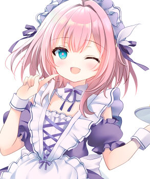 Rule 34 | 1girl, ;o, alternate costume, apron, blue eyes, breasts, commentary request, cyrene (aedes elysiae) (honkai: star rail), cyrene (honkai: star rail), dress, honkai: star rail, honkai (series), looking at viewer, maid, maid apron, maid headdress, multicolored hair, one eye closed, pink hair, purple dress, shirogane hina, short hair, simple background, small breasts, smile, solo, two-tone hair, white apron, white background, white hair, wrist cuffs