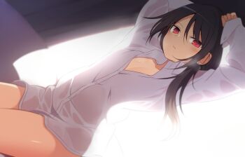 Rule 34 | 1girl, absurdres, arms up, black hair, blurry, blurry background, breasts, commentary request, curakuru, depth of field, dutch angle, ear piercing, hair over shoulder, highres, looking at viewer, medium hair, no pants, original, partially unbuttoned, piercing, red eyes, shirt, sleeves past wrists, small breasts, solo, sweat, thighs, white shirt
