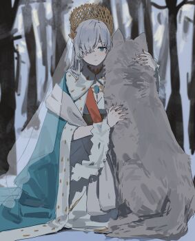 1girl absurdres anastasia_(fate) animal animal_hug blue_eyes cloak day dress fate/grand_order fate_(series) fgo_gwa forest grey_fur hair_over_one_eye highres long_hair nature outdoors solo tiara white_dress white_hair winter wolf