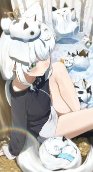 1girl absurdres ahoge animal_ears aqua_eyes arm_support black_jacket blush closed_mouth commentary_request creature creature_on_head feet_out_of_frame forest fox fox_girl fox_tail from_above from_side fubuchun fubuzilla_(shirakami_fubuki) hand_on_ground highres hololive jacket knee_up leaning_back light_rays long_hair long_sidelocks miteiru_(shirakami_fubuki) nature nejima_kitsune_(shirakami_fubuki) on_ground oruyanke_(shirakami_fubuki) outdoors perspective ponytail shirakami_fubuki shirousagi_(sirousagi0501) shorts sidelocks sitting snow snowball snowman solo sukonbu_(shirakami_fubuki) tail throwing tree virtual_youtuber white_hair white_tail winding_key winter