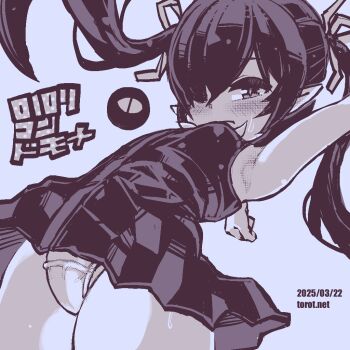 1girl :/ ;/ armpits arms_up backbeako_(torotei) backbeard blush breasts commentary dated dated_commentary dress gegege_no_kitarou hair_over_one_eye hair_ribbon kono_lolicon_domome loli long_hair looking_at_viewer monochrome original paid_reward_available panties pantyshot pointy_ears ribbon simple_background sleeveless sleeveless_dress small_breasts solo sweat torotei translated twintails underwear watermark web_address