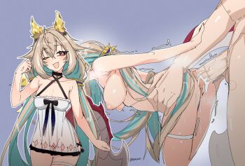 1boy 1girl ;d ahoge blonde_hair blue_hair bow breasts commentary cum cum_in_pussy dragon_girl dragon_horns dragon_tail highres horns long_hair medium_breasts motion_lines multicolored_hair multiple_views one_eye_closed open_mouth phase_connect red_eyes sex sex_from_behind smile standing standing_sex star_(symbol) symbol-only_commentary tail tilt-shift_(azalanz) trembling twitter_username utatane_nasa vaginal virtual_youtuber