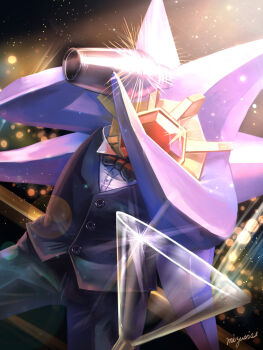 bartender bow bowtie cocktail_glass cocktail_shaker colored_skin cup drinking_glass formal_clothes gem gen_1_pokemon glass highres mega_starmie mizushishi nintendo no_humans pants pokemon pokemon_(creature) red_bow red_bowtie red_gemstone signature starfish starmie suit vest