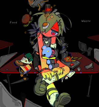 1girl bandaged_arm bandages black_background black_shorts burger chair closed_mouth commentary_request desk egg_(food) egg_yolk english_text floating floating_object food food-themed_hair_ornament food_on_head fried_egg full_body green_hair hair_ornament hair_over_one_eye highres holding holding_stuffed_toy mk1liaoqian no_nose object_on_head on_desk on_table original personification red_eyes school_desk shirt shoes short_hair shorts sitting socks solo stuffed_animal stuffed_toy table teddy_bear teeth_print white_socks