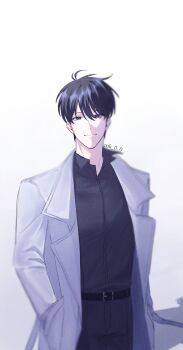 1boy belt black_eyes black_hair black_shirt cnk_0_0 coat collared_shirt commentary_request cowboy_shot facing_viewer hands_in_pockets highres kim_dokja korean_commentary male_focus omniscient_reader&#039;s_viewpoint open_clothes open_coat shirt shirt_tucked_in short_hair smile solo white_coat