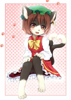 Rule 34 | 1girl, animal ears, animal hands, barefoot, blush, border, bow, bowtie, brown eyes, brown hair, cat ears, cat tail, chen, dress, earrings, fang, feet, female focus, furrification, furry, furry female, hat, heart, heart tail, jewelry, jpeg artifacts, kagerofu, looking at viewer, multiple tails, paw print, pawpads, polka dot, polka dot background, red border, shadow, short hair, sitting, solo, tail, toes, touhou, yellow bow