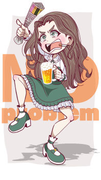 1girl alcohol beer brown_hair cigarette english_text green_eyes green_shoes green_skirt highres idolmaster idolmaster_cinderella_girls kusakabe_wakaba long_hair open_mouth rolled_up_newspaper shirt shoes skirt standing standing_on_one_leg toon_(style) user_zzhv7757 white_shirt