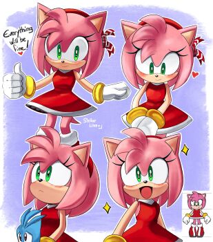 1girl amy_rose armband artist_name blue_background blush commentary dress english_commentary english_text flicky_(character) gloves hairband heart hedgehog_girl highres long_eyelashes looking_at_viewer open_mouth red_dress red_hairband red_ribbon reference_inset ribbon shy smile sonic_(series) sonic_adventure sparkle spoken_heart stellarlites thumbs_up two-tone_background white_background white_gloves yellow_armband