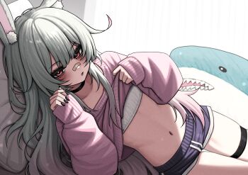1girl absurdres animal_ear_fluff animal_ears bandaid bandaid_on_face bandaid_on_nose choker clothes_lift commentary highres indie_virtual_youtuber lobsteranian long_hair lying navel paid_reward_available rabbit_ears short_shorts shorts solo stuffed_animal stuffed_toy sweater sweater_lift thigh_strap