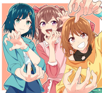 3girls :d aqua_jacket black_shirt blue_hair blue_shirt blue_skirt braid braided_hair_rings brown_hair claw_pose closed_mouth commentary cowboy_shot delicious_party_precure food fuwa_kokone green_eyes grin hair_ornament hair_rings hairclip hanamichi_ran jacket jewelry kamaboko long_hair looking_at_viewer medium_hair multiple_girls nagomi_yui narutomaki necklace open_clothes open_jacket open_mouth parallel_hairclips pink_shirt pink_sweater_vest precure purple_eyes shirt skirt sleeveless sleeveless_shirt smile standing sweater_vest teeth two_side_up upper_teeth_only v-shaped_eyebrows yellow_shirt yukitake_(bullfalk)