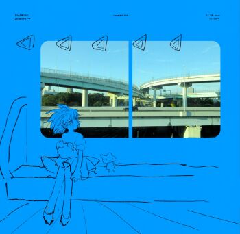 1girl blue_theme cat day elevated_highway highres highway looking_outside miniskirt original pepeppepe101 photo_inset short_hair short_sleeves sitting skirt solo train_interior