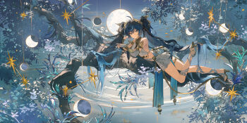 1girl ahoge ancient_greek_clothes armlet bare_shoulders blue_eyes blue_hair closed_mouth from_side full_moon gladiator_sandals greco-roman_clothes hair_between_eyes head_rest head_wreath highres iuno_(wuthering_waves) jewelry long_hair looking_at_viewer looking_to_the_side lying_on_branch missing_commentary moon multicolored_hair on_branch ripples sandals smile solo streaked_hair thighlet thighs toto_(caaaaarrot) twintails very_long_hair water wuthering_waves