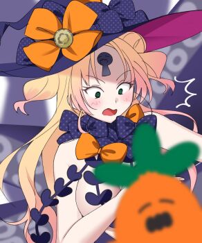 1girl @_@ abigail_williams_(fate) abigail_williams_(second_ascension)_(fate) abigail_williams_(second_ascension)_(fate)_(cosplay) blonde_hair blurry blurry_foreground blush bow breasts cosplay covering_privates double_bun embarrassed gradient_hair green_eyes hair_bun hat hat_bow hololive keyhole large_breasts long_hair momosuzu_nene multicolored_hair multiple_hat_bows nekko_(momosuzu_nene) nude open_mouth orange_bow parted_bangs polka_dot polka_dot_bow purple_bow purple_hat revealing_clothes sanpaku surprised too_many_bows two_side_up upper_body uuoftn witch_hat