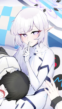 1boy 1girl absurdres black_halo blue_archive bodysuit doodle_sensei_(blue_archive) earclip finger_to_mouth git_(git_giit) halo hand_on_another's_head highres himari_(armed)_(blue_archive) himari_(blue_archive) impossible_bodysuit impossible_clothes index_finger_raised lap_pillow long_hair looking_at_viewer lying lying_on_lap mole mole_under_eye multicolored_halo paper_on_head pointy_ears sensei_(blue_archive) sitting sleeping solo_focus two-tone_halo white_bodysuit white_hair white_halo