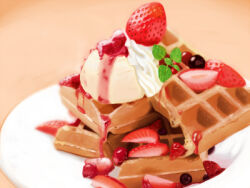 Rule 34 | food, food focus, fruit, lowres, no humans, original, pitomi, plate, strawberry, strawberry syrup, syrup, waffle