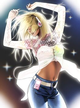 1girl arms_up artist_name babydoll belt black_background blonde_hair bloom border chromatic_aberration closed_eyes closed_mouth commentary cowboy_shot cropped_shirt dancing english_commentary eyelashes eyes_visible_through_hair fading_border fingernails floating_clothes floating_hair hair_over_eyes hair_over_mouth headphones highres huh_yunjin ipod k-pop lace_print le_sserafim listening_to_music long_fingernails long_hair long_sleeves midriff mp3_player multicolored_shirt nail_ornament navel outer_glow overexposure pink_nails shirt shirt_under_dress spaghetti_strap sparkle_background tan tenartistt tight_clothes tight_shirt turning_head watermark white_babydoll white_belt white_border y2k_fashion