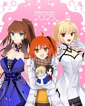 2025 3girls :d ahoge aozaki_aoko aozaki_aoko_(third_ascension) arcueid_brunestud arcueid_brunestud_(clad_in_glacier) artoria_pendragon_(fate) bare_shoulders blonde_hair blue_dress blue_eyes breasts brown_hair cleavage commentary_request dress elbow_gloves facing_viewer fate/grand_order fate_(series) floating_hair formal_clothes fujimaru_ritsuka_(female) fujimaru_ritsuka_(female)_(winter_casual) gloves grey_gloves grey_skirt hair_intakes hair_ornament hair_scrunchie happy_new_year highres jacket looking_at_viewer mahou_tsukai_no_yoru miniskirt multiple_girls new_year official_alternate_costume official_alternate_hairstyle one_side_up open_mouth orange_eyes orange_hair ponytail red_eyes ryougi_shiki saber_(fate) scarf scrunchie short_hair skirt smile strapless strapless_dress stuffed_toy sukiniyaru sweater tsukihime tsukihime_(remake) watermark white_dress white_gloves white_jacket yellow_sweater