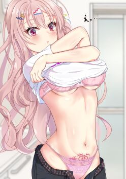 1girl arms_up axl11hikari bathroom belt black_shorts blurry blurry_background blush bra breasts brown_belt cameltoe chestnut_mouth commentary_request cowboy_shot crossed_arms eyelashes eyes_visible_through_hair floating_hair hair_between_eyes hair_ornament hairclip harumi_ena highres indoors lace lace-trimmed_panties lace_trim large_breasts limelight_lemonade_jam long_hair looking_at_viewer navel open_mouth panties parallel_hairclips partial_commentary pink_bra pink_hair pink_panties pubic_tattoo red_eyes shirt short_sleeves shorts solo star_(symbol) star_hair_ornament stomach tattoo underboob underwear undressing very_long_hair walk-in white_shirt