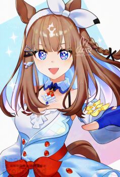 Rule 34 | + +, 1girl, almond eye (umamusume), animal ears, bare shoulders, blue dress, blue eyes, blue gloves, blush, bow, bow hairband, braid, braided sidelocks, breasts, brown hair, colored inner hair, commentary request, dress, fingerless gloves, gloves, hair between eyes, hair ornament, hairband, hairclip, horse ears, horse girl, horse tail, long hair, looking at viewer, multicolored hair, nagi (marthmoka), open mouth, red button, smile, solo, symbol-shaped pupils, tail, umamusume, white hairband, x-shaped pupils