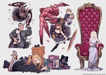 2boys 3girls armchair barefoot battle black_dress blonde_hair blue_eyes breasts chair chakram child dress drill_hair eurydia_von_valhllaheart formal_clothes full_body highres holding holding_knife hostage knife kuroboshi_kouhaku long_hair lying medium_breasts multiple_boys multiple_girls multiple_views official_art on_stomach stuffed_animal stuffed_toy teddy_bear tiara tsurugihime weapon
