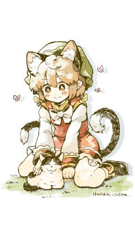 1girl absurdres animal animal_ear_fluff animal_ear_piercing animal_ears black_shoes blush bow bowtie bright_pupils brown_eyes brown_hair cat cat_ears cat_girl cat_tail chen closed_mouth commentary_request double-parted_bangs earrings frilled_skirt frills full_body green_hat hair_between_eyes hat highres im_(badmasa) jewelry long_sleeves mob_cap multiple_tails red_skirt red_vest shirt shoes short_hair simple_background single_earring sitting skirt skirt_set smile solo tail touhou two_tails vest wariza white_background white_bow white_bowtie white_pupils white_shirt