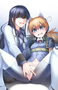 ! 2girls absurdres android animal_ears betty_(neural_cloud) black_hair black_pantyhose blonde_hair blue_eyes blue_shirt camera cat_ears censored collar female_professor_(neural_cloud) fingering girls'_frontline girls'_frontline_neural_cloud heart highres id_card idw_(girls'_frontline) joints lab_coat mechanical_legs mosaic_censoring multiple_girls navel open_mouth pantyhose professor_(neural_cloud) senpaihawkkun shirt yuri