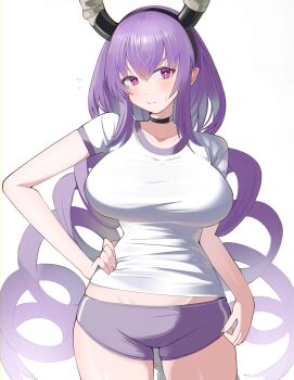 1girl absurdres arknights black_choker black_hairband black_horns bloomers breasts buruma choker fake_horns gym_shirt gym_uniform hairband hand_on_own_hip highres horn_hairband horns large_breasts long_hair looking_at_viewer purple_buruma purple_eyes purple_hair shirt simple_background solo spam_(spamham4506) tight_clothes typhon_(arknights) underwear white_background white_shirt