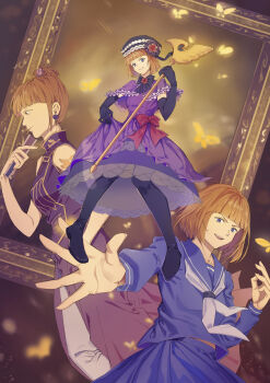 Rule 34 | 2girls, absurdres, amunce, arm tattoo, black bow, black gloves, black shoes, black socks, blue sailor collar, blue skirt, blunt ends, bob cut, bow, bug, butterfly, capelet, china dress, chinese clothes, commentary request, dress, dress bow, dual persona, elbow gloves, empty picture frame, eva beatrice, flower, gloves, hair bun, hand fan, highres, holding, holding staff, insect, looking at viewer, multiple girls, multiple views, orange hair, outstretched arm, outstretched hand, pants, picture frame, profile, purple capelet, purple dress, purple eyes, red bow, red flower, red rose, rose, sailor collar, school uniform, shoes, skirt, skirt hold, socks, staff, tattoo, umineko no naku koro ni, ushiromiya eva, white pants, yellow butterfly