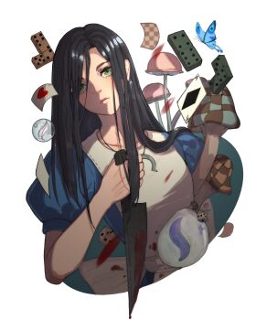 Rule 34 | 1girl, alice: madness returns, alice liddell (american mcgee's alice), american mcgee's alice, apron, black hair, blood, bloody knife, blue butterfly, blue dress, bug, butterfly, card, dominoes, dress, green eyes, highres, insect, knife, lilium815719, long hair, mushroom, playing card, puffy short sleeves, puffy sleeves, short sleeves, solo, white apron, white background