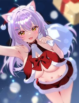 1girl animal_ear_fluff animal_ears arm_up armpits blurry blurry_background blush bow breasts cat_ears cat_girl christmas commentary_request commission cowboy_shot dress dutch_angle fur-trimmed_dress fur-trimmed_headwear fur-trimmed_skirt fur_trim hair_between_eyes hair_ornament hairclip hat highres holding holding_sack indie_virtual_youtuber large_breasts long_hair looking_at_viewer navel nta_(n_tan2) open_mouth parallel_hairclips purple_hair red_bow red_dress red_skirt sack santa_costume santa_dress santa_hat shachikuzu_kareha skeb_commission skirt sleeveless sleeveless_dress smile solo virtual_youtuber yellow_eyes