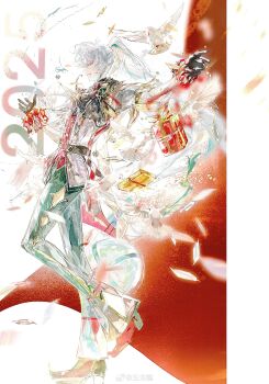 Rule 34 | 1boy, 2025, :d, absurdres, belt, bird, black belt, black gloves, black shirt, box, brooch, chinese commentary, commentary request, curtains, dove, ensemble stars!, falling feathers, fang, feathers, from side, full body, gem, gift, gift box, gloves, green gem, green pants, green ribbon, hair between eyes, hair ribbon, headset, hibiki wataru, highres, jacket, jewelry, long hair, long sleeves, looking at viewer, male focus, open hands, open mouth, outstretched arm, pants, pleated pants, pointy shoes, ponytail, profile, puritan collar, purple eyes, red shoes, red vest, red wrist cuffs, ribbon, shirt, shoes, sideways glance, smile, solo, standing, standing on one leg, very long hair, vest, white background, white feathers, white hair, white jacket, wrist cuffs, wrist ruff, yuchong gao