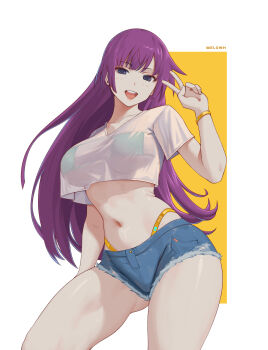 1girl absurdres alternate_costume artist_name bakemonogatari blue_bra blue_eyes bra bracelet breasts breasts_apart collarbone commentary crop_top cutoffs denim denim_shorts english_commentary gluteal_fold hand_up highleg highleg_panties highres jewelry large_breasts long_hair looking_at_viewer melowh monogatari_(series) navel open_mouth panties panty_straps purple_hair see-through_clothes see-through_shirt senjougahara_hitagi shirt short_shorts short_sleeves shorts smile solo strapless strapless_bra string_panties teeth thick_thighs thighs underboob underwear upper_teeth_only white_shirt