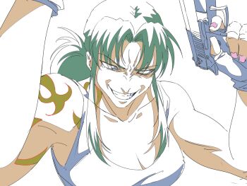 1girl bare_shoulders beretta_92 biceps black_lagoon breasts cleavage clenched_teeth evil_grin evil_smile facing_viewer finger_on_trigger fingerless_gloves gloves grin gun handgun highres holding holding_weapon lineart long_sideburns looking_at_viewer menacing nail_polish out_of_frame parted_bangs pink_nails ponytail revy_(black_lagoon) sakukandice shoulder_tattoo sideburns smile solo tank_top tattoo teeth tomboy weapon white_background