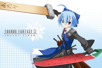 Rule 34 | 1girl, advent cirno, ahoge, asymmetrical sleeves, blue dress, blue eyes, blue hair, bow, cirno, copyright name, dress, dual wielding, female focus, final fantasy, fusion swords, gloves, hair bow, highres, holding, keroro, keroro gunsou, looking at viewer, matching hair/eyes, mismatched sleeves, multiple swords, nugi (armenci), short hair, solo, standing, sword, touhou, weapon, wooden sword