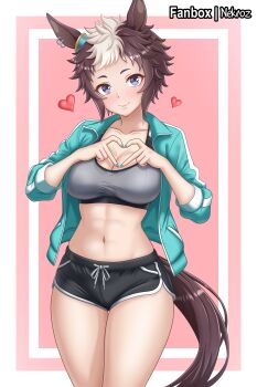Rule 34 | 1girl, absurdres, animal ears, blue eyes, blush, breasts, brown hair, cleavage, closed mouth, collarbone, four-finger heart hands, grey sports bra, heart, heart hands, highres, horse ears, horse girl, horse tail, jacket, large breasts, looking at viewer, mejiro ryan (umamusume), midriff, multicolored hair, navel, nekroz7, open clothes, open jacket, short hair, smile, solo, sports bra, tail, two-tone hair, umamusume, white hair