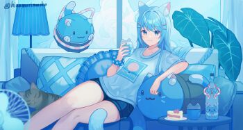 1girl absurdres animal animal_ears artist_name blue_eyes blue_hair blue_scrunchie blue_shorts blue_theme bottle cake cake_slice cat cat_ears cat_girl cat_tail chigusa_maru_(vtuber) commentary_request couch cup drinking_glass food highres holding holding_cup indie_virtual_youtuber long_hair scrunchie shirt short_sleeves shorts shuilantao sitting solo stuffed_toy t-shirt tail twitter_username virtual_youtuber white_shirt wrist_scrunchie