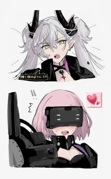 2girls armor armored_leotard black_armor black_cloak black_leotard blush body_markings breasts choker cleavage cleavage_cutout cloak clothing_cutout collar crossed_bangs demon_girl demon_horns ear_piercing fate/grand_order fate_(series) green_eyes grey_hair hair_between_eyes head-mounted_display heart highres horns large_breasts leotard lilith_(fate) lilith_(second_ascension)_(fate) long_hair mash_kyrielight mash_kyrielight_(ortenaus) metal_collar multiple_girls nekwnek open_mouth piercing pink_hair pointy_ears shield short_hair small_breasts translation_request twintails very_long_hair