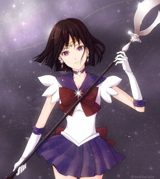 1girl bishoujo_senshi_sailor_moon black_hair choker commentary cowboy_shot earrings floating_hair gloves highres holding holding_polearm holding_weapon jewelry nostalgic_truth pleated_skirt polearm purple_choker purple_hair purple_sailor_collar purple_skirt sailor_collar sailor_saturn sailor_senshi_uniform shirt silence_glaive skirt solo spear star_(sky) star_(symbol) star_choker tomoe_hotaru weapon white_gloves white_shirt