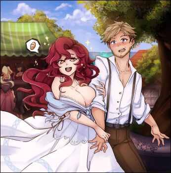 1boy 1girl arm_hug blonde_hair blue_shawl blush commentary couple dress embarrassed english_commentary facial_hair grey_eyes heart highres krita_(medium) long_hair original people pokettotsun red_hair ribbon self-upload shawl short_hair sparkling_eyes speech_bubble town tree white_dress yellow_eyes
