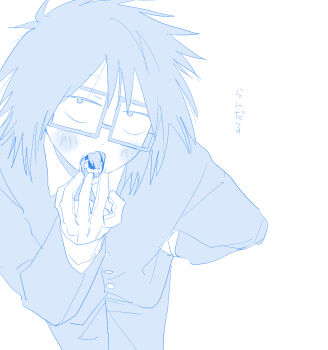 Rule 34 | 1boy, blue theme, coat, commentary request, cowboy shot, fang, finger in own mouth, glasses, gloves, highres, kohakohakohata, looking at viewer, male focus, monochrome, open mouth, randal's friends, randal ivory, short hair, simple background, skin fang, solo, standing, translation request, white background