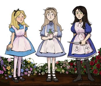 Rule 34 | >:(, 3girls, :|, alice's adventures in wonderland, alice: madness returns, alice (alice in wonderland), alice (habromania), alice liddell (american mcgee's alice), american mcgee's alice, ankle socks, apron, back ribbon, bangs pinned back, black boots, black hair, black hairband, black ribbon, black shoes, blonde hair, blood, blood on clothes, bloody apron, bloody weapon, blue dress, blue eyes, boots, bottle, closed mouth, collared dress, colored skin, dress, drink me, dripping, flower, flower bush, frilled dress, frills, green eyes, habromania, hairband, holding, holding bottle, holding weapon, jewelry, knife, light blush, long hair, long nose, mary janes, medium hair, messy bangs, messy hair, mole, mole under eye, multiple girls, necklace, pale skin, pink liquid, potion, puffy short sleeves, puffy sleeves, red flower, red rose, ribbon, rose, shoes, short sleeves, socks, soil, standing, striped clothes, striped thighhighs, symphony sonata, thighhighs, tooth gap, v-shaped eyebrows, weapon, white apron, white background, white flower, white rose, white skin, white socks