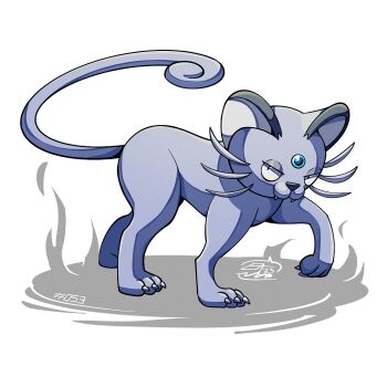 Rule 34 | alolan form, alolan persian, claws, fangs, forehead jewel, gen 7 pokemon, grey fur, looking at viewer, mistray-art, nintendo, no humans, numbered, pokemon, pokemon (creature), signature, simple background, solo, tail, white background